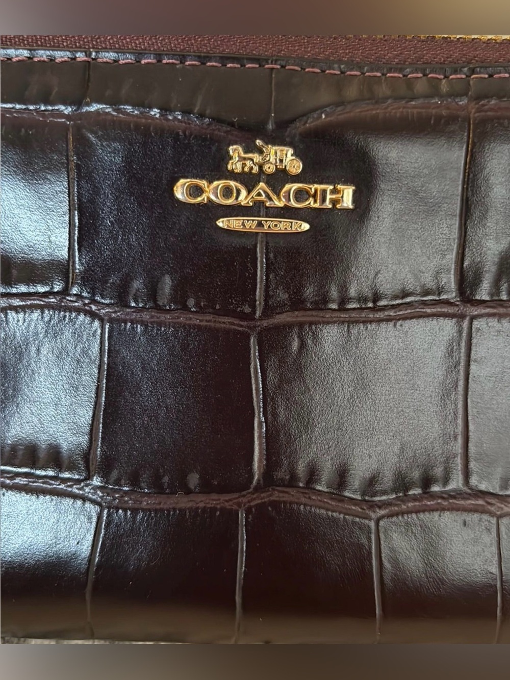 Coach Croc-Embossed Zip Wallet in Dark Brown with Gold Hardware - Picture 2 of 5